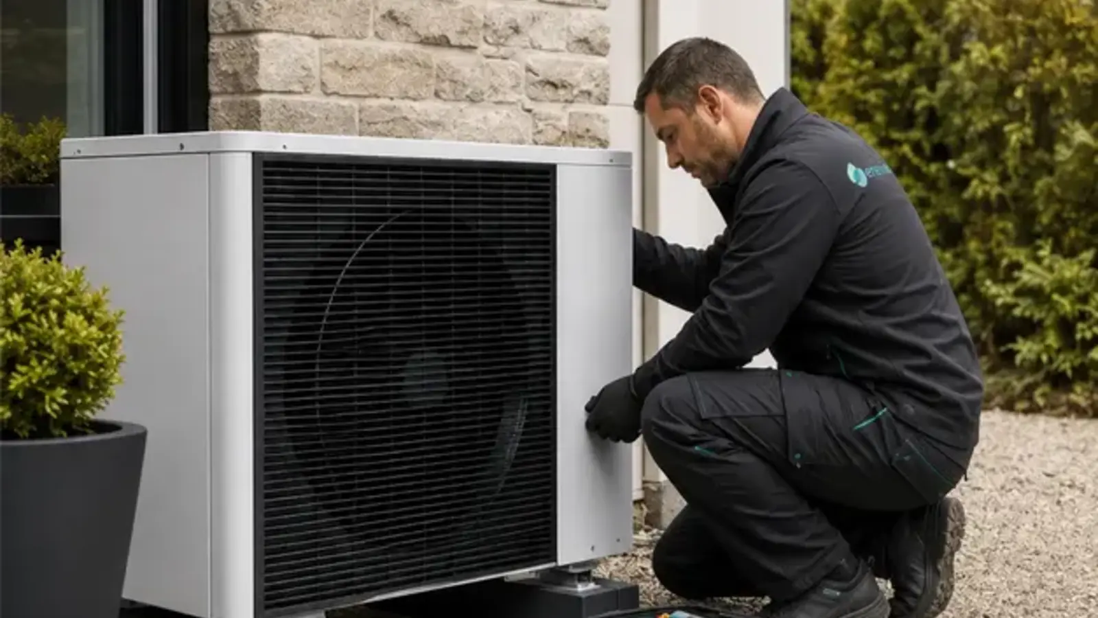 Installateur Enevie contrôlant une pompe à chaleur air/eau devant une maison