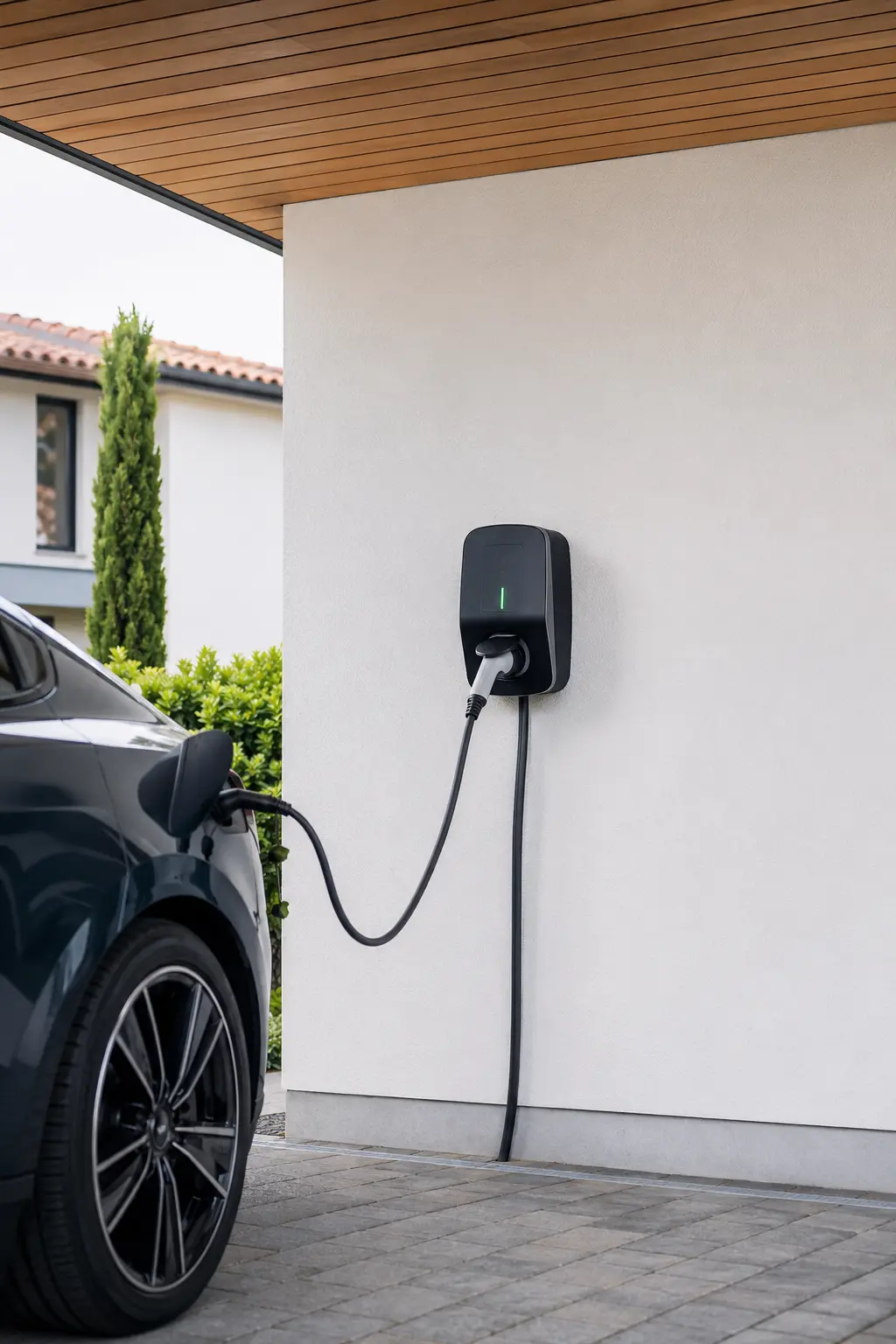 Borne de recharge pour véhicule électrique installée devant une maison
