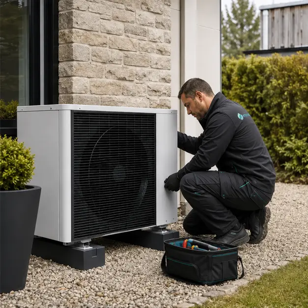 Technicien installant une pompe à chaleur air eau sur une maison